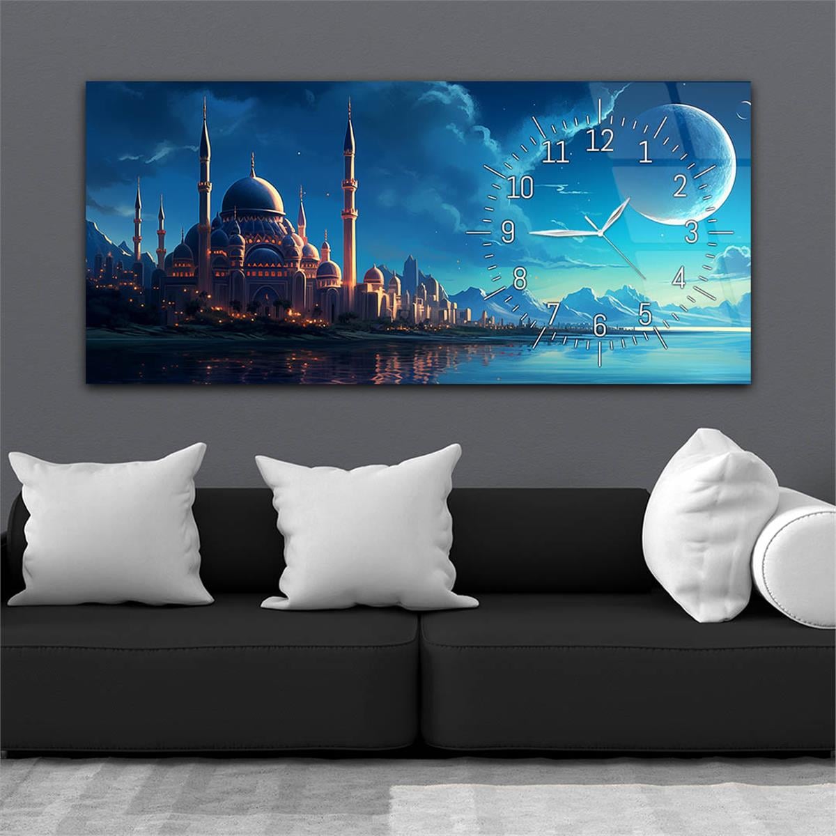 Yatay Saatli Yandan Dini Temalı Cam Tablo 079