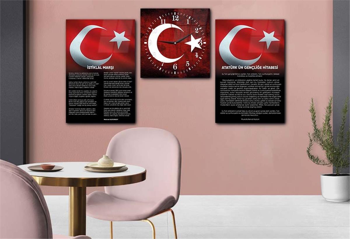 Independence March, Youth Address and Turkish Flag Glass Wall Art Set with Clock
