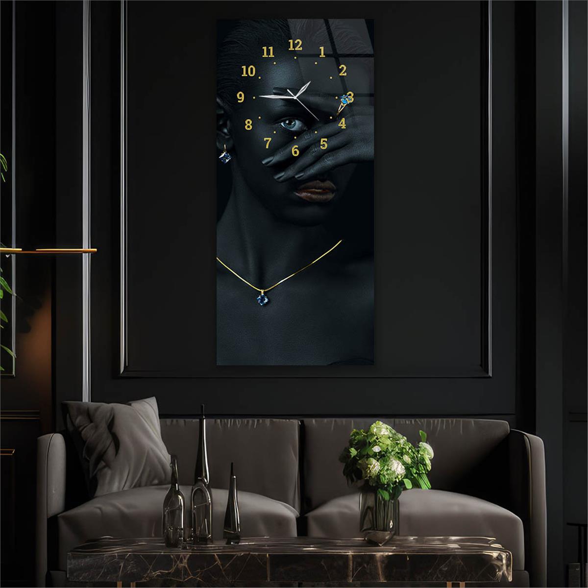 Dikey Üstten Saatli Sanat Temalı Cam Tablo 076