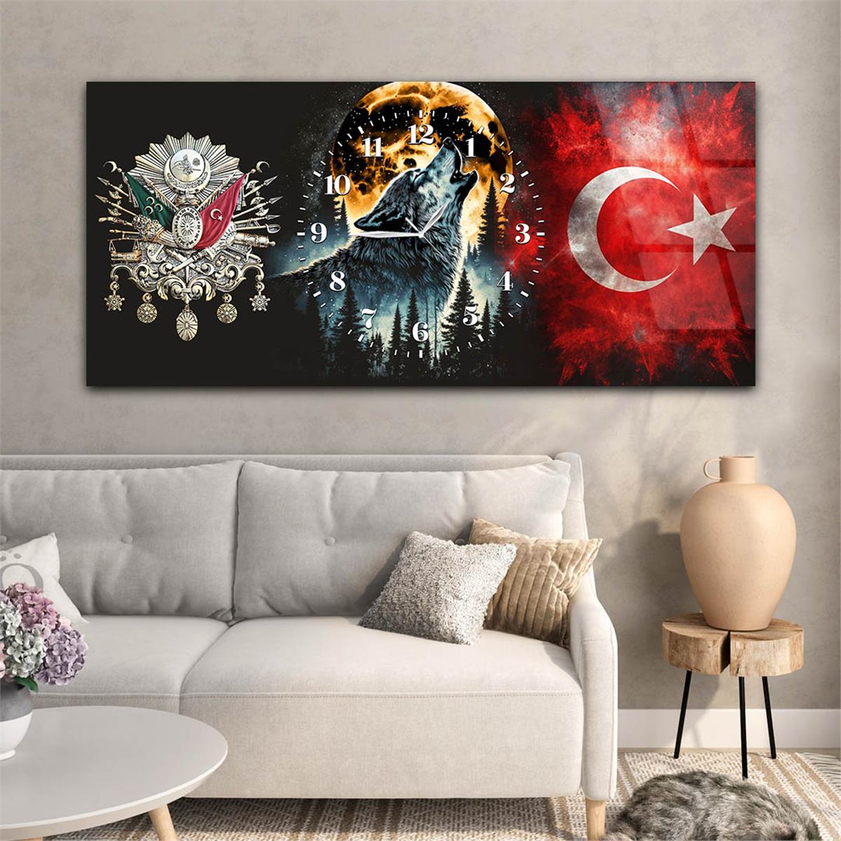 Yatay Saatli Ortadan Vatan Temalı Cam Tablo 159