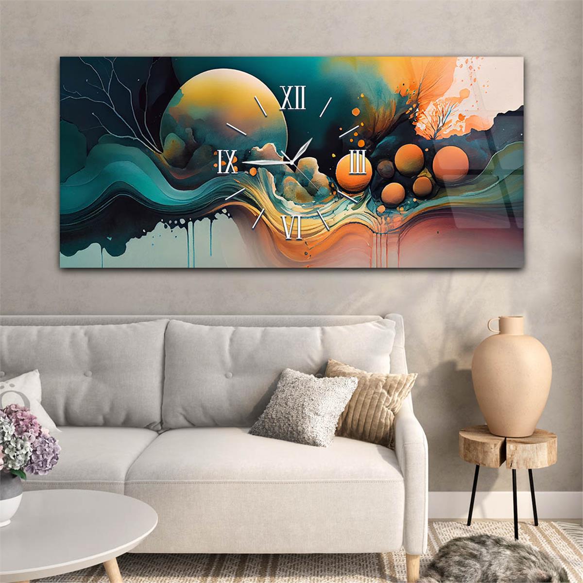 Horizontaal, in Het Midden Voorzien Van Een Klok, Kunst En Natuur Thema Gehard Glasschilderij 084