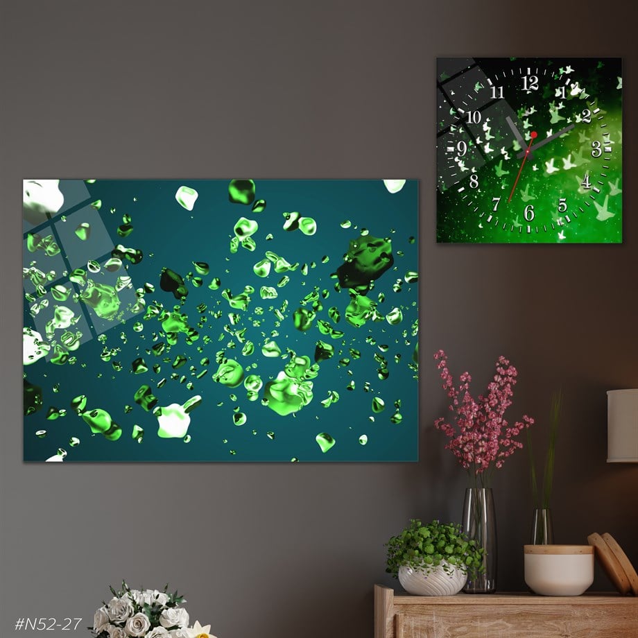 Tempered Glasss Wall Arts Art-Themed Set with Square Clock