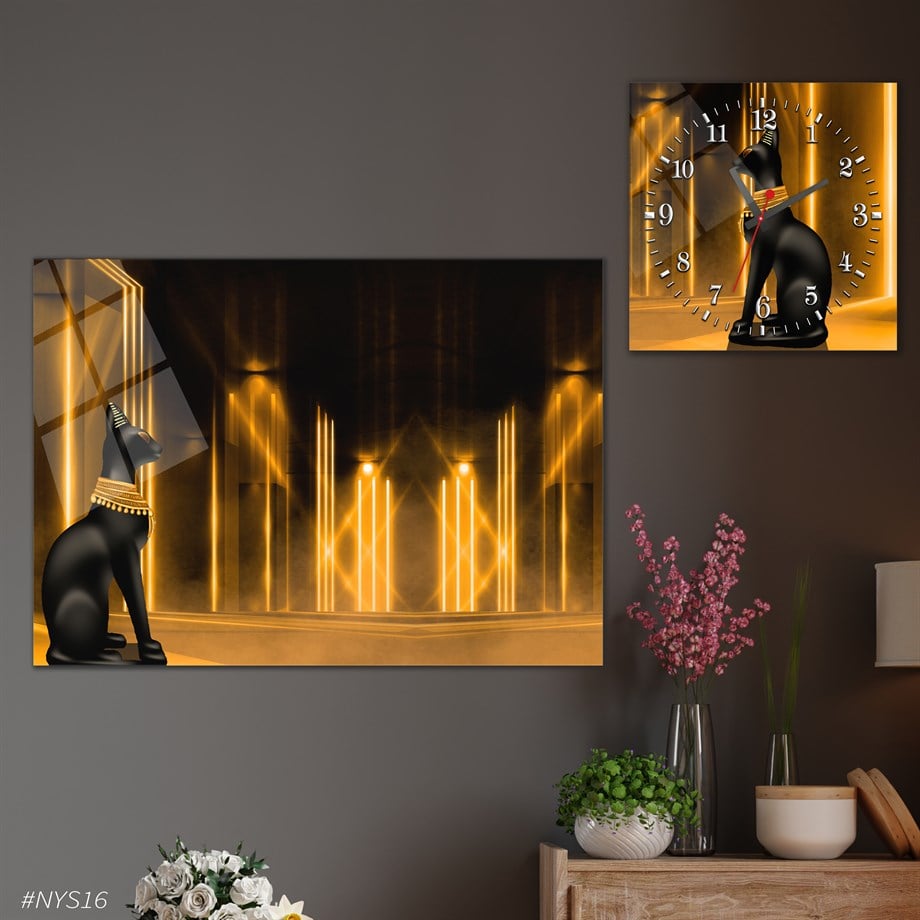 Tempered Glasss Wall Arts Art-Themed Set with Square Clock