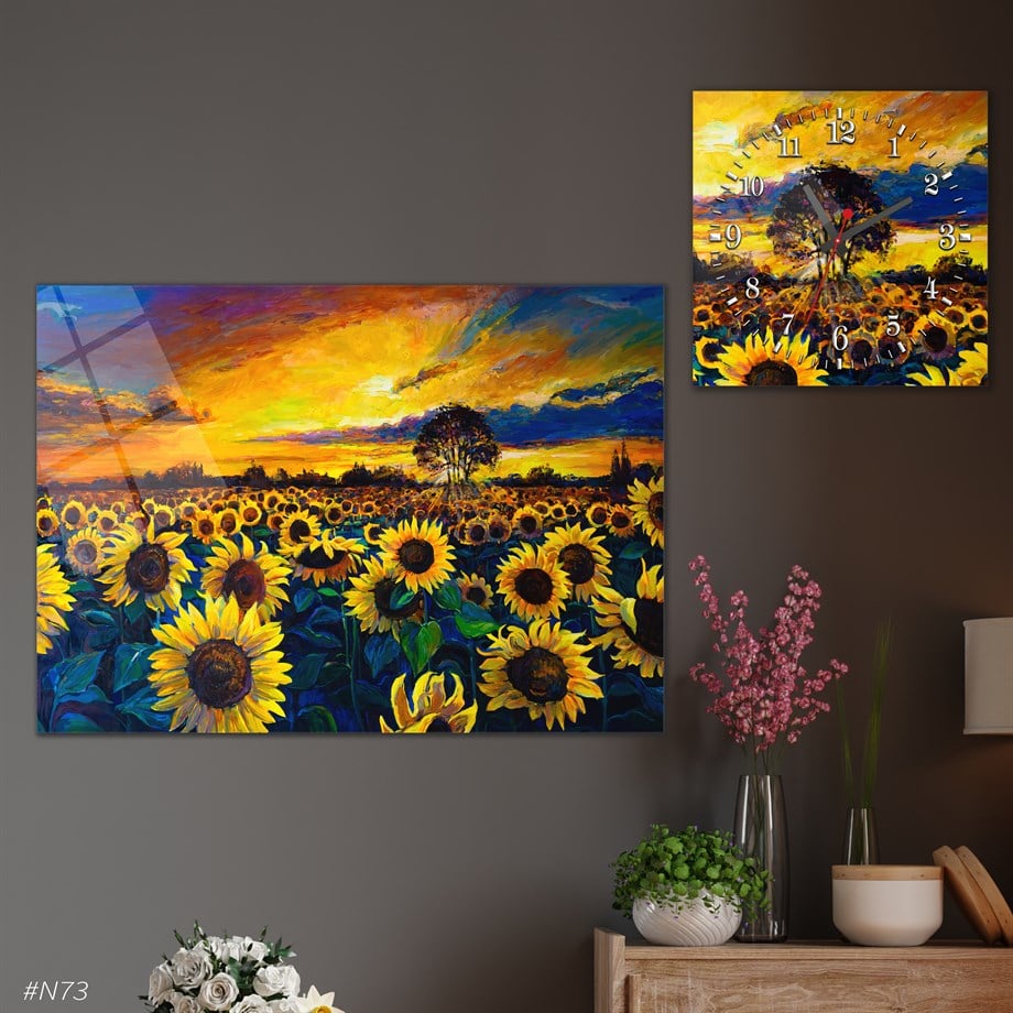 Tempered Glasss Wall Arts Art-Themed Set with Square Clock