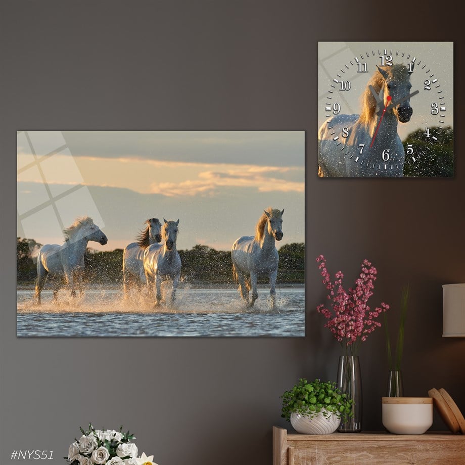 Tempered Glasss Wall Arts Art-Themed Set with Square Clock