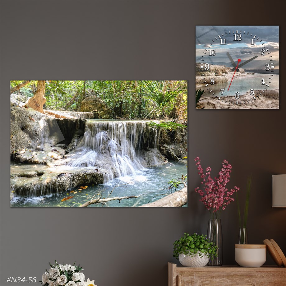 Tempered Glasss Wall Arts Art-Themed Set with Square Clock