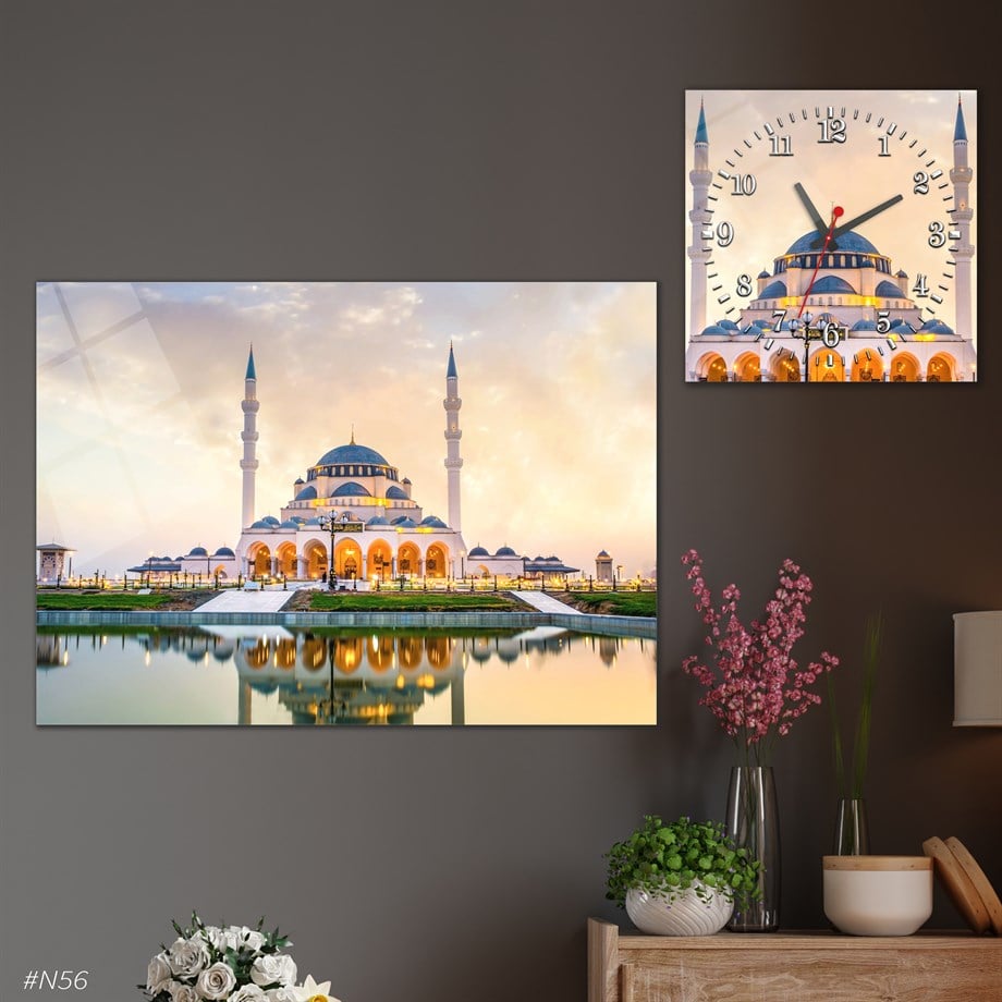 Tempered Glasss Wall Arts Religious-Themed Set with Square Clock