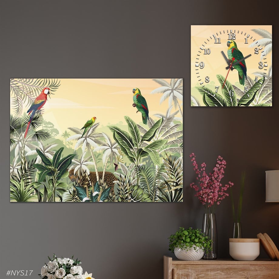 Tempered Glasss Wall Arts Art-Themed Set with Square Clock