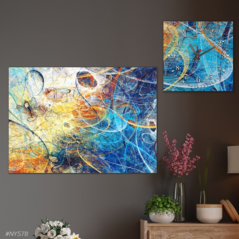 Tempered Glasss Wall Arts Art-Themed Set with Square Clock