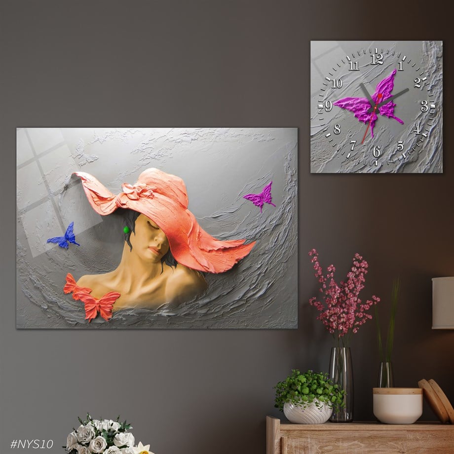 Tempered Glasss Wall Arts Art-Themed Set with Square Clock