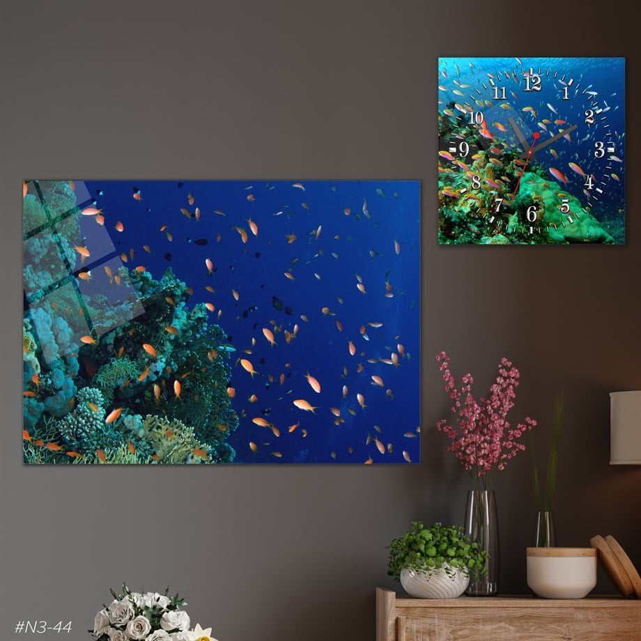 Sanat Temalı Cam Tablo Kare Cam Saat Seti