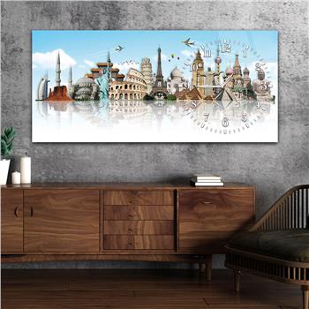 Horizontal bedrucktes Glas mit Kunst und Naturthema und einer Uhr an der Seite 107