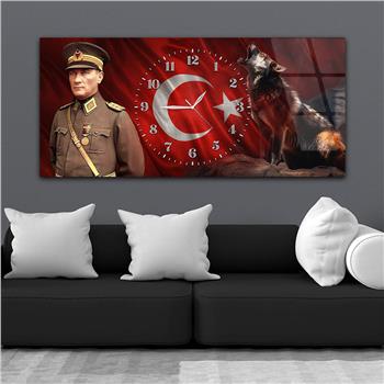 Yatay Saatli Ortadan Vatan Temalı Cam Tablo 171