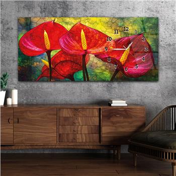 Yağlı Boya Kırmızı Gelinçiçeği Yatay Saatli Yandan Sanat ve Doğa Temalı Cam Tablo 232