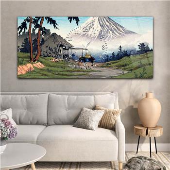 Horizontal bedrucktes Glas mit Kunst- und Naturthema und einer Uhr in der Mitte 005