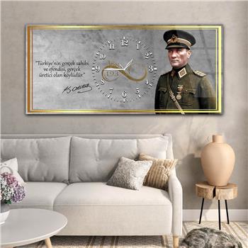 Yatay Saatli Ortadan Vatan Temalı Cam Tablo 165
