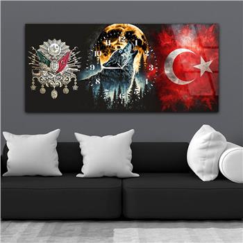 Yatay Saatli Ortadan Vatan Temalı Cam Tablo 159