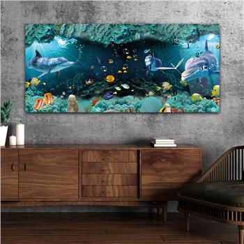 Horizontal bedrucktes Glas mit Kunst und Naturthema und einer Uhr an der Seite 045