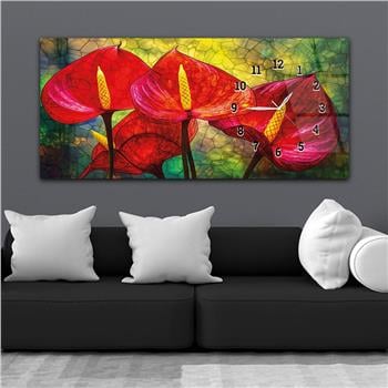 Yağlı Boya Kırmızı Gelinçiçeği Yatay Saatli Yandan Sanat ve Doğa Temalı Cam Tablo 232