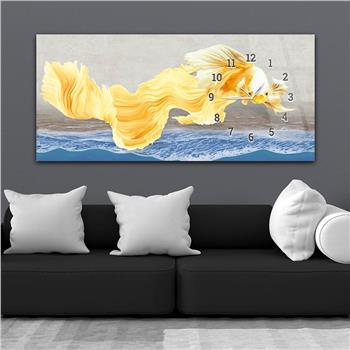 Horizontal bedrucktes Glas mit Kunst und Naturthema und einer Uhr an der Seite 161