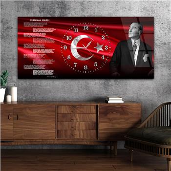 Yatay Saatli Ortadan Vatan Temalı Cam Tablo 168