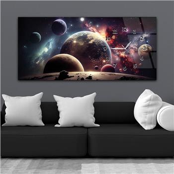 Horizontal bedrucktes Glas mit Kunst und Naturthema und einer Uhr an der Seite 184