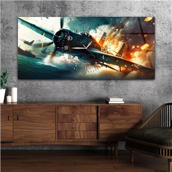 Deniz Üstünde Savaş Uçağı Görselli Saatli Cam Tablo