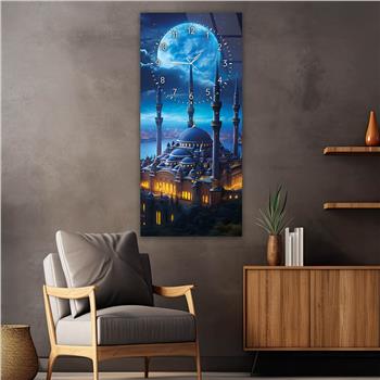 Dikey Üstten Saatli Dini Temalı Cam Tablo 021