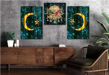 AY YILDIZ VE OSMANLI DEVLET ARMASI GÖRSELLİ  CAM TABLO SAAT SETİ 