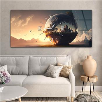 Yatay Ortadan Saatli  Sanat ve Doğa Temalı Cam Tablo 097