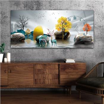 Yatay Saatli Yandan Sanat ve Doğa Temalı Cam Tablo 015