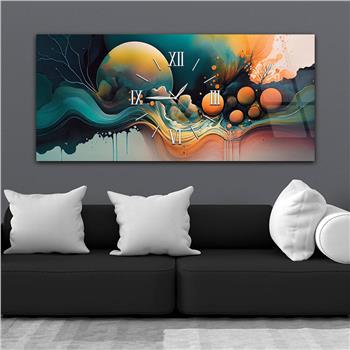 Yatay Ortadan Saatli  Sanat ve Doğa Temalı Cam Tablo 084