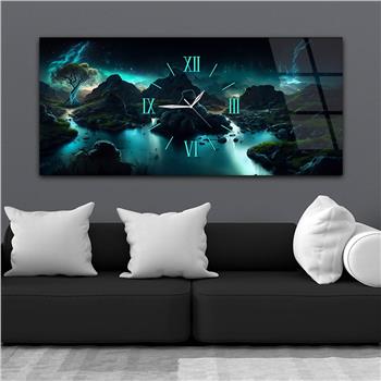 Yatay Ortadan Saatli  Sanat ve Doğa Temalı Cam Tablo 061
