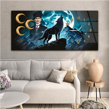 Yatay Saatli Yandan Vatan Temalı Cam Tablo 039