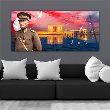 Yatay Saatli Yandan Vatan Temalı Cam Tablo 025