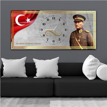 Yatay Saatli Ortadan Vatan Temalı Cam Tablo 142