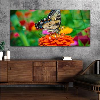 Horizontal bedrucktes Glas mit Kunst- und Naturthema und einer Uhr in der Mitte 007