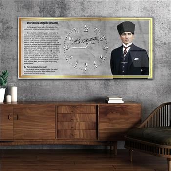 Yatay Saatli Ortadan Vatan Temalı Cam Tablo 164