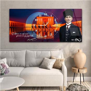 Yatay Saatli Ortadan Vatan Temalı Cam Tablo 170