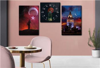 GALATA KULESİ TÜRK BAYRAĞI ALTINDA TÜRK ASKERİ GÖRSELLİ  CAM TABLO SAAT SETİ 