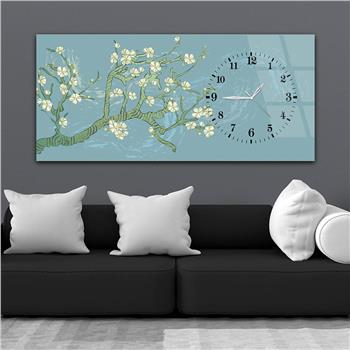 Horizontal bedrucktes Glas mit Kunst und Naturthema und einer Uhr an der Seite 070