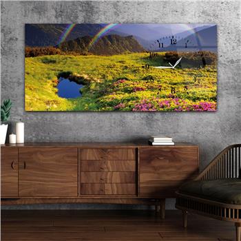 Horizontal bedrucktes Glas mit Kunst und Naturthema und einer Uhr an der Seite 084