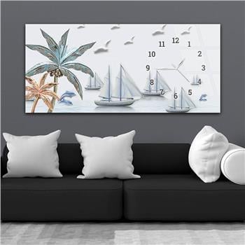 Horizontal bedrucktes Glas mit Kunst und Naturthema und einer Uhr an der Seite 158