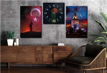 GALATA KULESİ TÜRK BAYRAĞI ALTINDA TÜRK ASKERİ GÖRSELLİ  CAM TABLO SAAT SETİ 