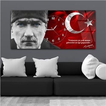 Yatay Saatli Ortadan Vatan Temalı Cam Tablo 146