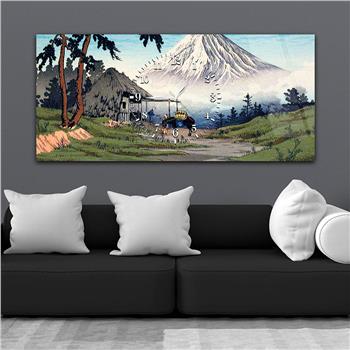 Horizontal bedrucktes Glas mit Kunst- und Naturthema und einer Uhr in der Mitte 005