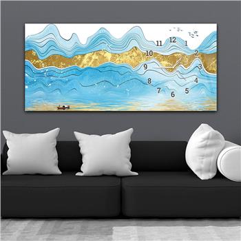 Horizontal bedrucktes Glas mit Kunst und Naturthema und einer Uhr an der Seite 160