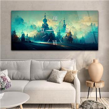 Yatay Ortadan Saatli  Sanat ve Doğa Temalı Cam Tablo 085