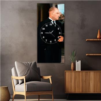 Dikey Ortadan Saatli Vatan Temalı Cam Tablo 002