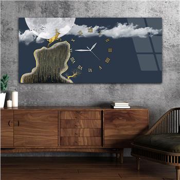 Yatay Ortadan Saatli  Sanat ve Doğa Temalı Cam Tablo 083